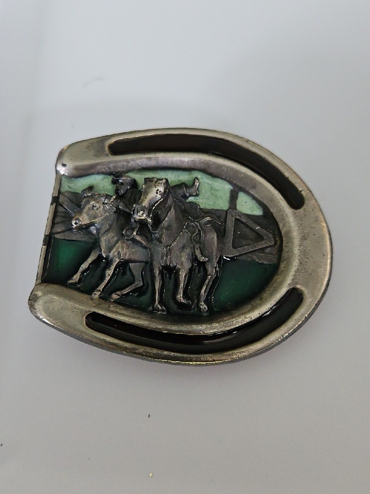 1984 Bergamot Brass Works Horseshoe Vintage Belt Buckle with Horses