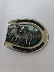 1984 Bergamot Brass Works Horseshoe Vintage Belt Buckle with Horses
