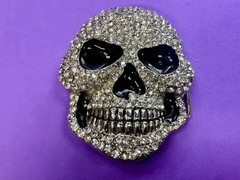 Creepy Skull Grinning Teeth Black Enamel Clear Rhinestone Covered Belt Buckle