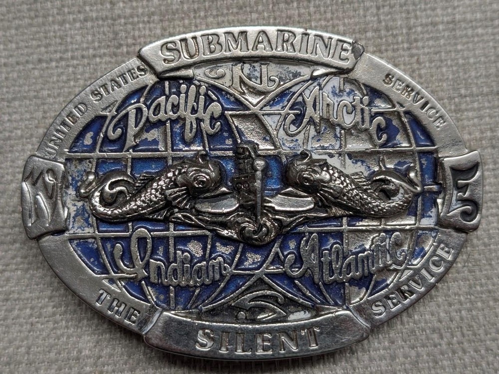 vintage USN belt buckle US NAVY pewter SUBMARINE the silent service WESTERN