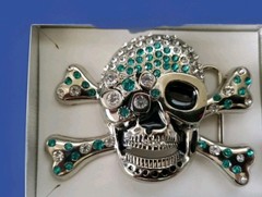 Skull Crossbones Rhinestone Belt Buckle Silver Tone Aqua White Heavy Metal