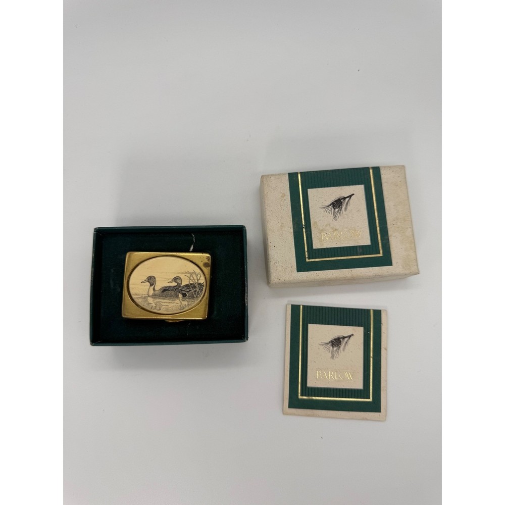 Vintage Barlow Solid Brass Belt Buckle Mallard Duck Scrimshaw Art Made in USA