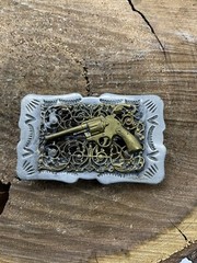 Vintage Cowboy Western Revolver Gun Silver Nickel Metal Belt Buckle