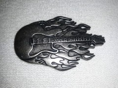 Vintage Pewter Flaming Electric Guitar Rock & Roll Belt Buckle Excellent