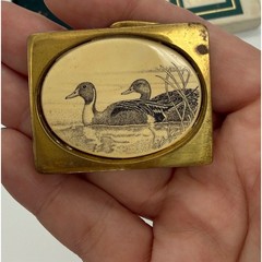 Vintage Barlow Solid Brass Belt Buckle Mallard Duck Scrimshaw Art Made in USA