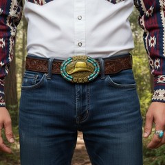 Men Antique Gold Metal Belt Buckle Cowboy Hat Turquoise Blue Fun Rodeo Accessory