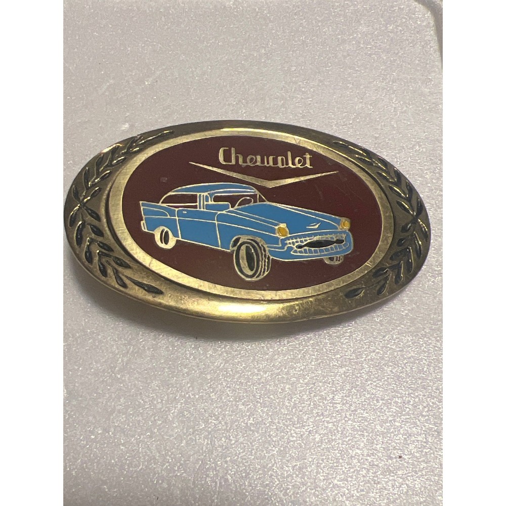 Vintage Chevrolet 1957 Chevy Bel Air Blue Car Enamel Brass Tone Belt Buckle