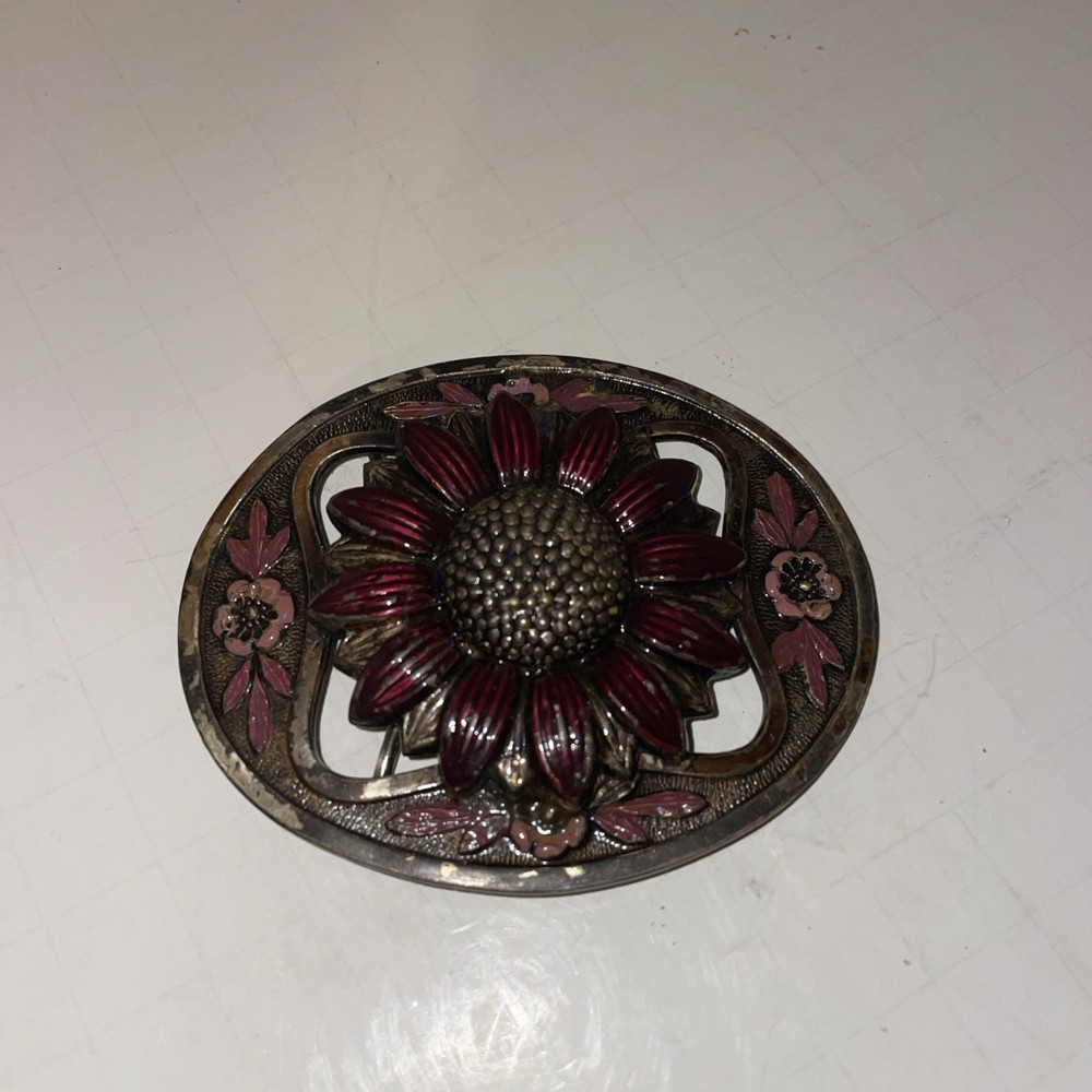 Vintage Flower Oval Belt Buckle – Stamped –