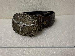 Men’s Size 33&Prime;-38&Prime; Brown Embossed Western Belt W/ Longhorn Buckle, Studded Edge