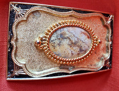 VTG Gold Toned Belt Buckle w Oval Jasper Stone fits 1 .5&Prime; Western Style Belt