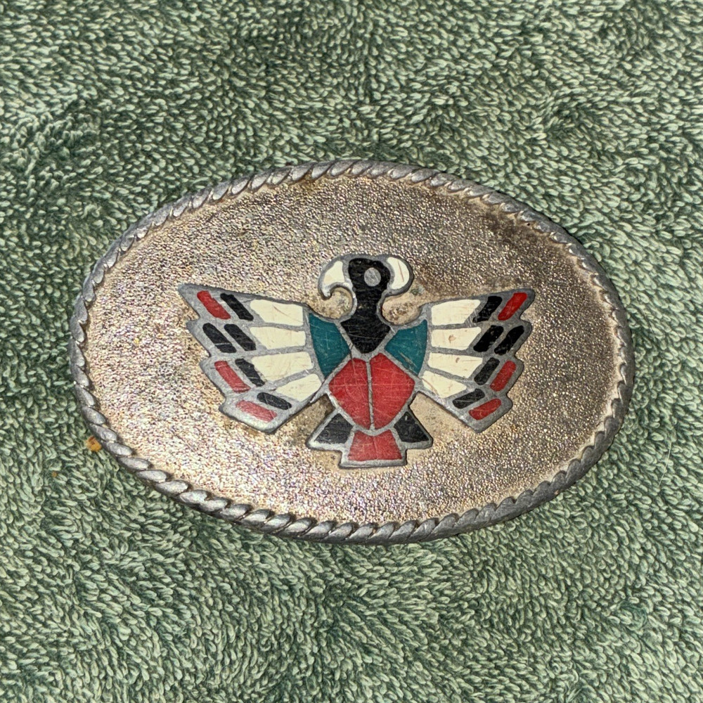 Men&rsquo;s Oval Metal Western Eagle Belt Buckle Silver Red Black Fits 1.5 in