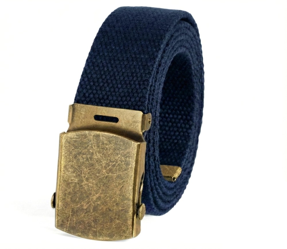 Canvas Web Belt Military Style with Antique Brass Buckle 54&Prime; One Size, Navy