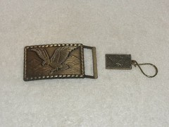 NEW BRASS/BRONZE KEYCHAIN & BELT BUCKLE FITS 1 1/2&Prime; BELT WITH EAGLE FLYING ON IT