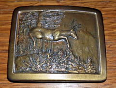 1977 Indiana Metal Craft WHITE TAIL DEER Brass belt buckle 2.25 x 2.75 ..MINTY!