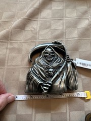 Metal Belt Buckle Grim Reaper Skull Scythe 3D Relief Silver Tone Biker Style