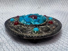 VTG Turquoise Belt Buckle Red Color Stones South Western Country Style Oval