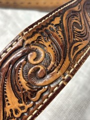 Tiger Eye Brass Tone Brown Belt Men Ladies Leather Embossing Western Cowboy