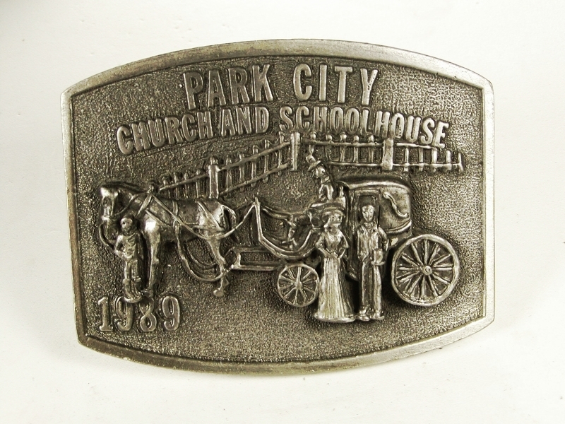 1988 Park City Utah Church & School House Belt Buckle by Ricker Bartlett w Box