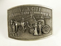 1988 Park City Utah Church & School House Belt Buckle by Ricker Bartlett w Box