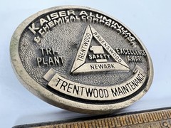 Vintage Kaiser Aluminum Belt Buckle Mens Gold Tri Plant Excellence Logo Safety