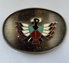 Oval Western Thunderbird Belt Buckle Metal Enamel Eagle Silver Tone