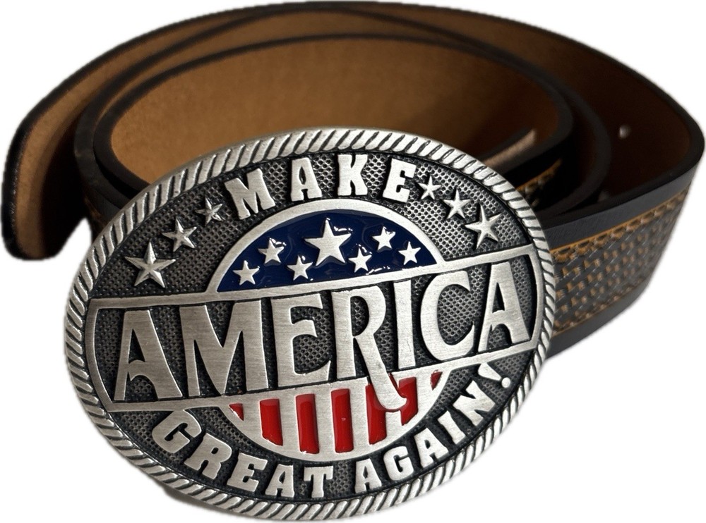 Montana Silversmiths Make America Great Again Flag Belt Buckle w/ Leather Belt