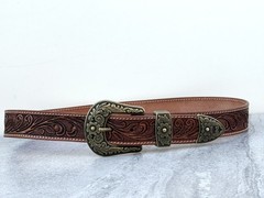 Western 3-Piece Belt Buckle Set Floral Engraved Silver Bronze Cowboy Rodeo Style