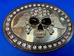 Skull Wings Crossbones with Clear Rhinestone Halloween Gothic LARGE Belt Buckle
