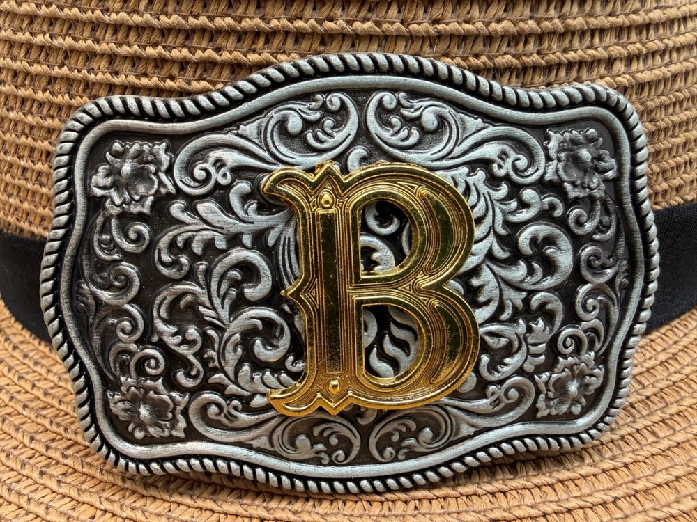 Antiqued Silver Gold Initial B Rectangle Western Cowboy Floral Vine Belt Buckle