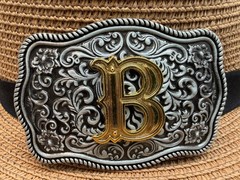Antiqued Silver Gold Initial B Rectangle Western Cowboy Floral Vine Belt Buckle
