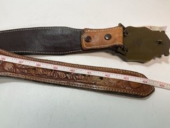 Vintage 1978 Raintree Bass Fish Buckle USA Leather Belt Brass Bronze Men’s