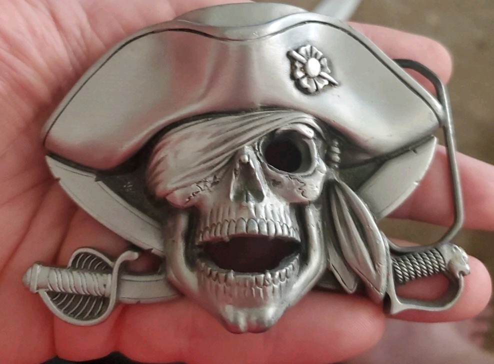 Pirate Jolly Roger Belt Buckle With Belt Pewter Silver Tone Swashbuckler Z25