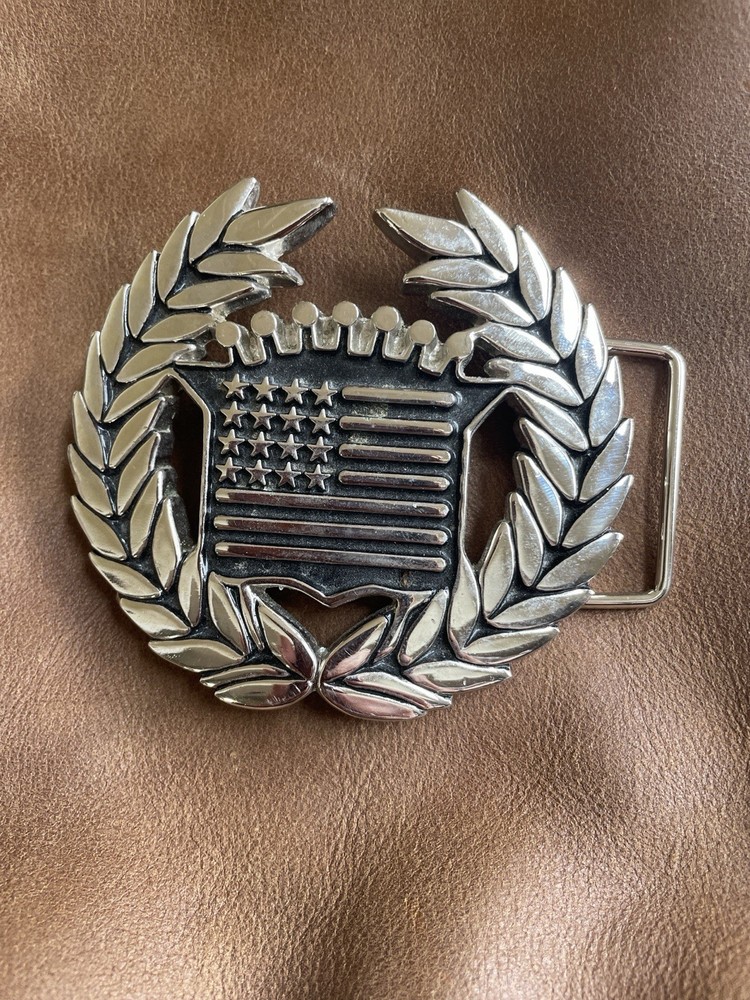 Vintage Famous Stars & Straps Cadillac American Flag Belt Buckle Metal 3” Biker