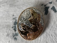 Crumrine Belt Buckle 3.75 x 3 in Horse Trio Oval Silver Engraved Gold 1.75