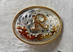 Western Initial Belt Buckle 3.5 x 2 5/8 in Oval R Silver Engraved Gold 1.75