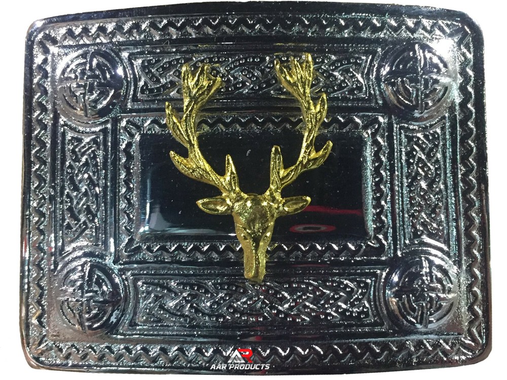 AAR Men’s Kilt Belt Buckle Celtic Knot Work Chrome/Stag Heads Badge Gold Plated