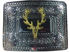 AAR Men’s Kilt Belt Buckle Celtic Knot Work Chrome/Stag Heads Badge Gold Plated