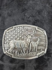 American Flag Deer Hunting Belt Buckle – Buck & Doe, Antique Silver Western