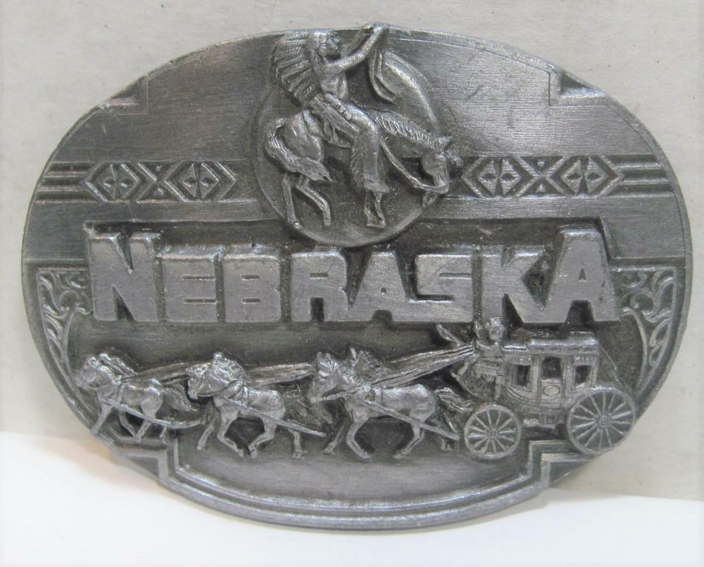 Vintage 1989 NEBRASKA Indian Chief & Stage Coach Belt Buckle X-44 Pewter UNUSED