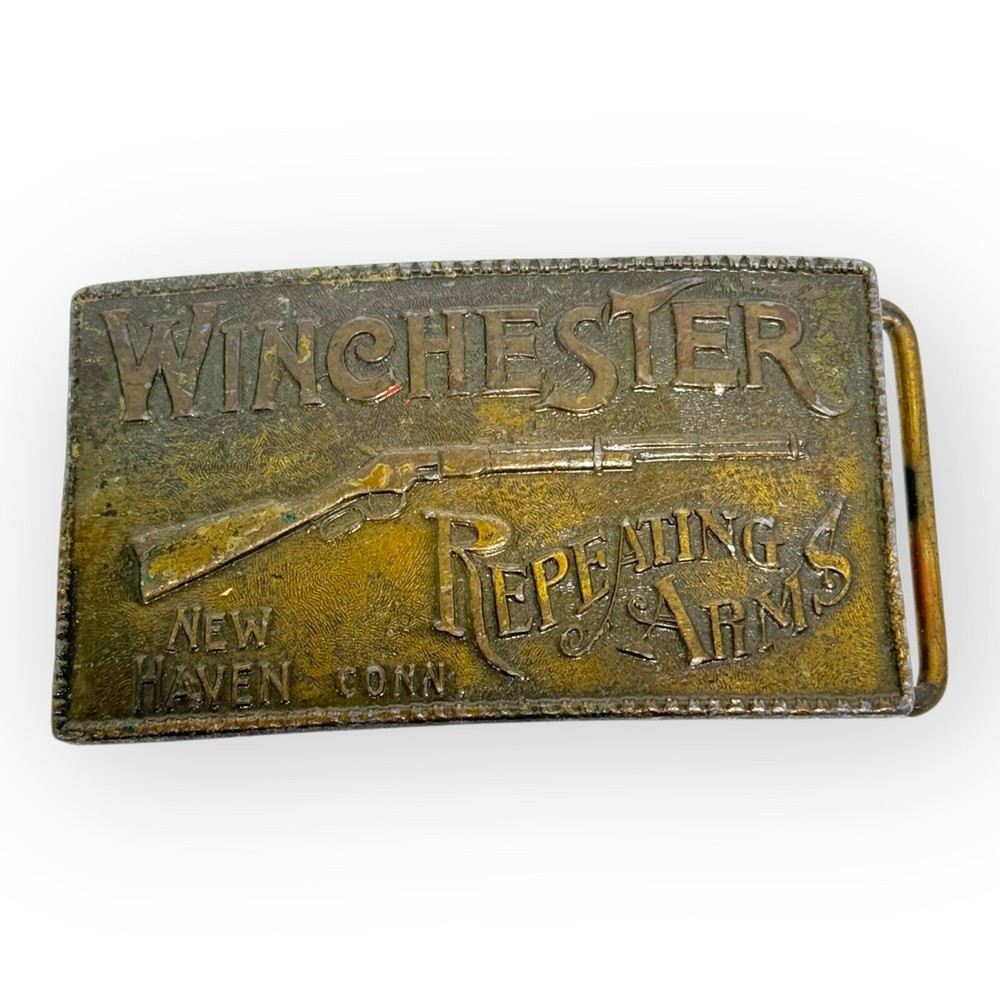 Winchester Repeating Arms New Haven Conn. Rifle Guns Vintage Brass Belt Buckle
