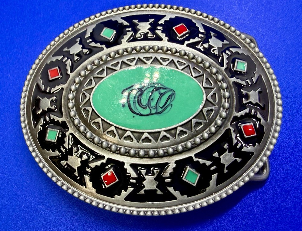 Southwestern Tribal Pattern Blue Red Enamel Colored Belt Buckle in New Condition
