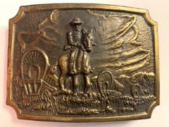 Vintage Wild West Themed Solid Metal (Possibly Brass ?) BELT BUCKLE -3.5&Prime; x 2.5&Prime;