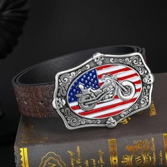 V-Twin Motorcycle & Skulls Belt Buckle •Red White Blue Enameled American Flag