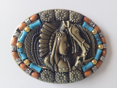Brass Finish 4&Prime; Buckle Western Belt Buckle W/ Turquoise Stone Native American