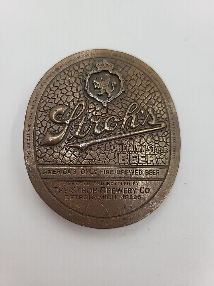 vintage 1970s belt buckle STROHS beer SOLID BRASS detroit WESTERN bohemian