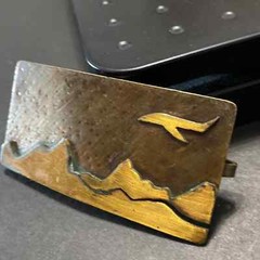 Vintage Handcrafted Artisan Brass Airline Airplane Mountains Tooled Belt Buckle