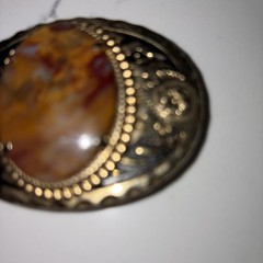 Vintage Gold Tone Western Belt Buckle Natural Polished Stone Center 3&Prime;×2&Prime;