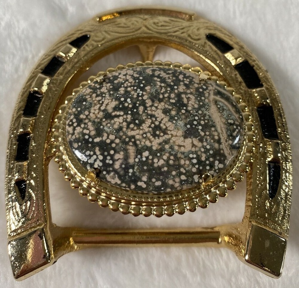 Vintage Belt Buckle 3×3&Prime; Gold Plate Western Horseshoe Black Beige White Stone