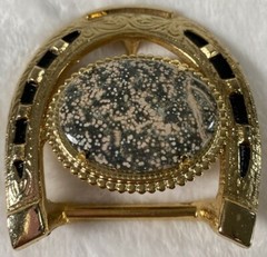 Vintage Belt Buckle 3×3&Prime; Gold Plate Western Horseshoe Black Beige White Stone
