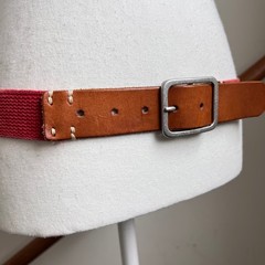 Vintage Red Canvas Brown Leather Belt Silver Buckle Preppy Statement